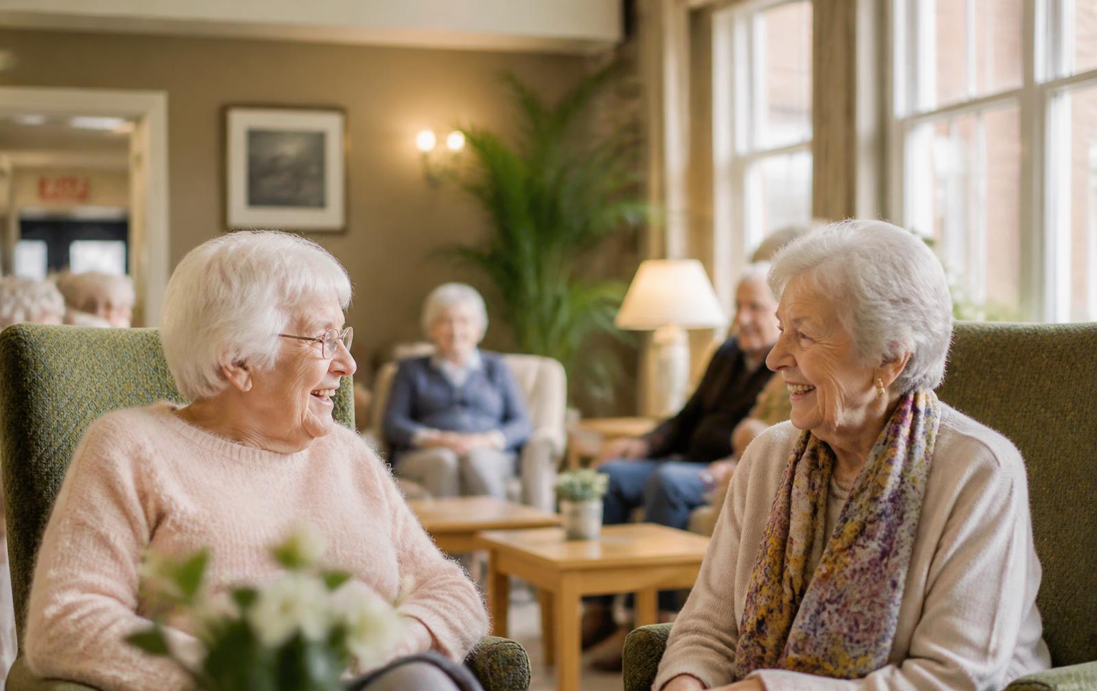 Two residents chatting in the warm, homely lounge of a British care home.
