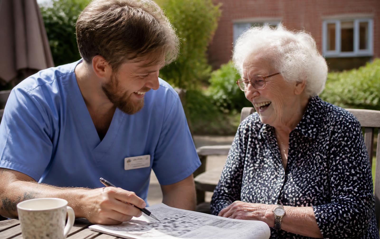 A healthcare assistant and an elderly woman doing a crossword together in a sunlit garden.