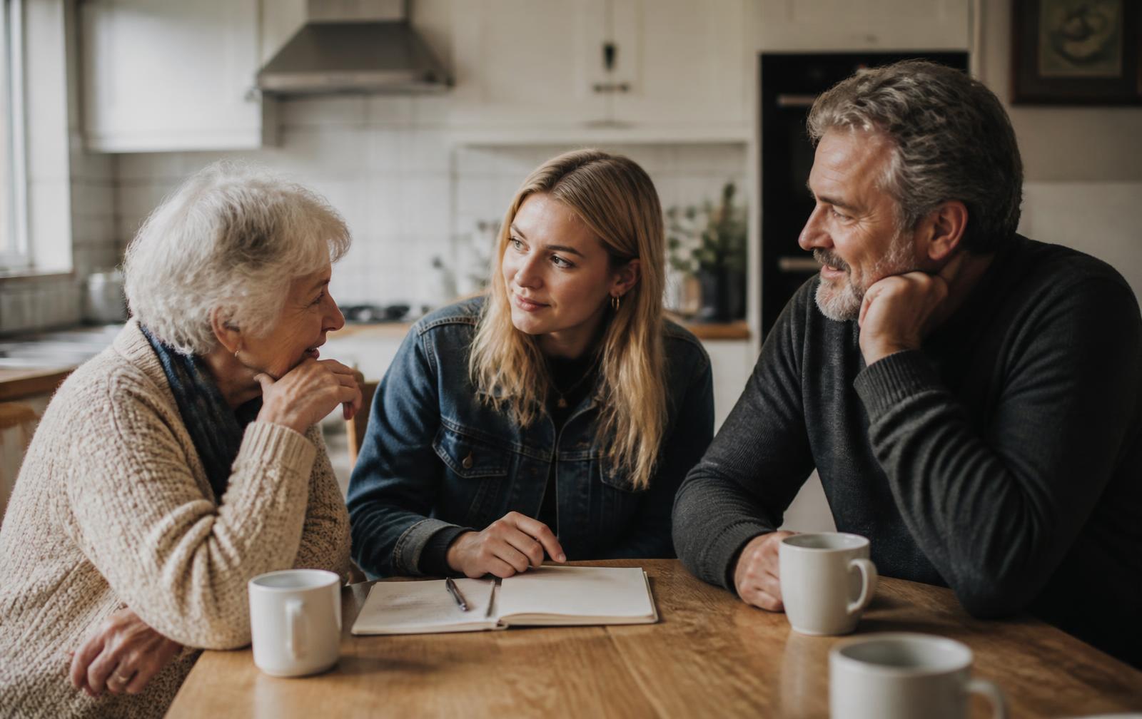 A family talking with their older mother at the kitchen table while looking at care options.