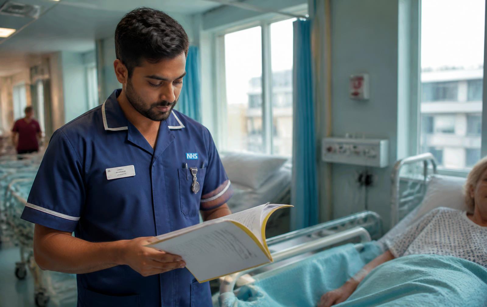 A nurse reading patient notes beside a bed on a bright hospital ward.