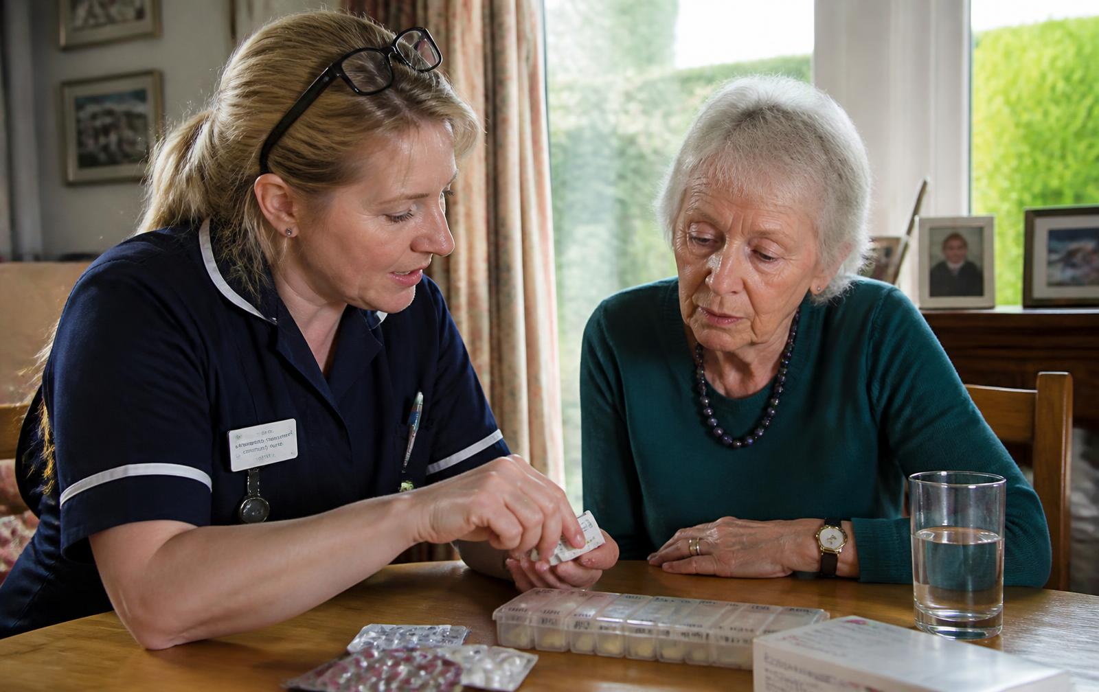 A community nurse helping an older woman organise her weekly medication at home.