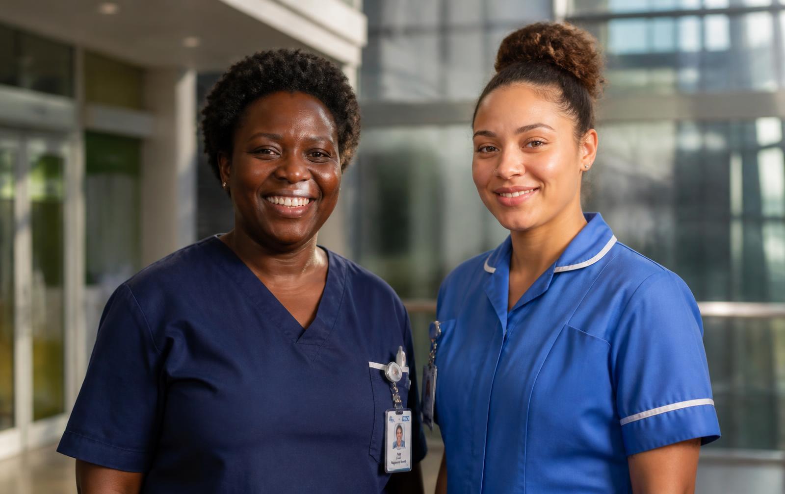 A registered nurse and a healthcare assistant standing together in a sunlit hospital atrium.